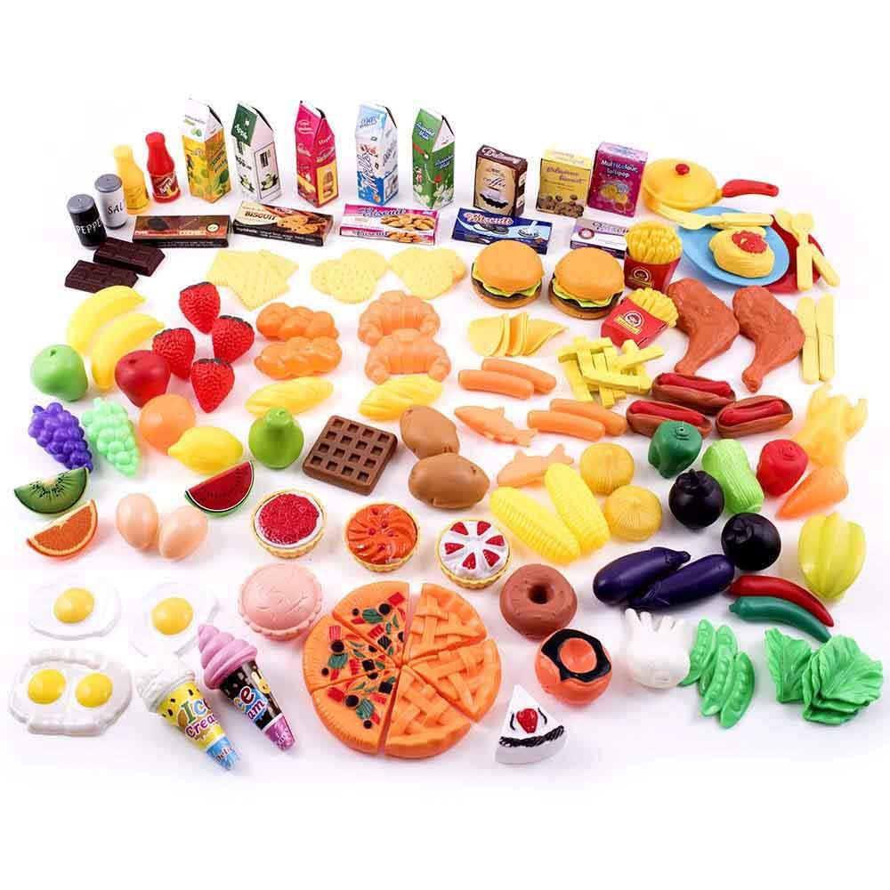 Play Food Set for Kids Pretend 150 Piece Assortment for Toddlers and Children’s Kitchen Toy Plastic Fruits, Vegetables, Desserts and Snacks